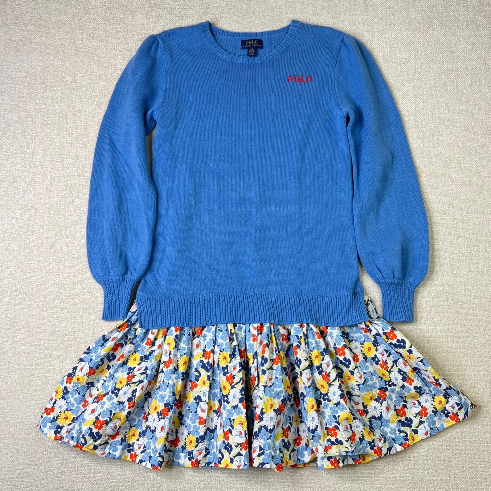 Polo Ralph Lauren Girls Blue Sweater Dress Floral Skirt Size L 12-14